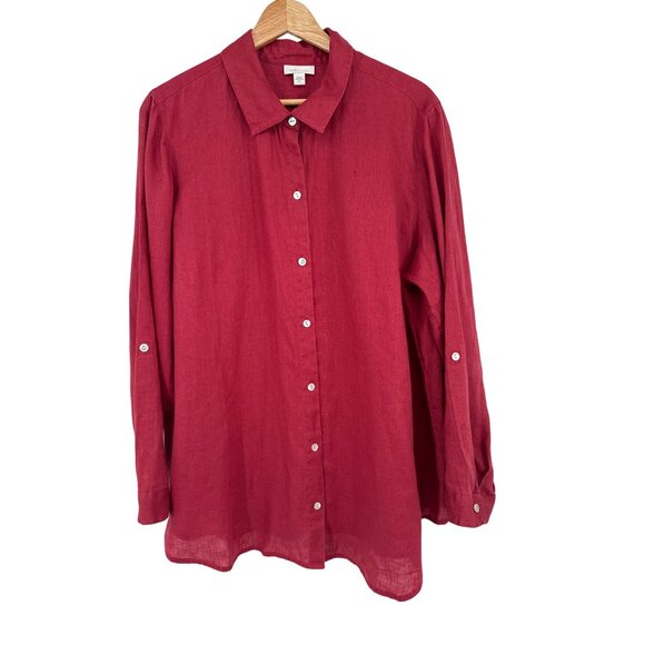 Love Linen Womens Red tunic Shirt size XL 100% Linen roll tab sleeves lagenlook - Picture 1 of 6
